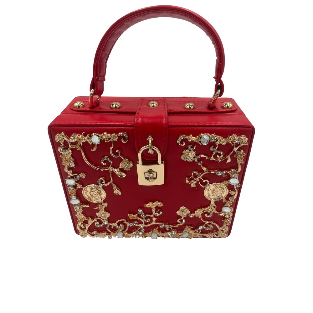 Red Box Bag Gold Filigree Crystal Embellished Top Handle Evening Purse Lock